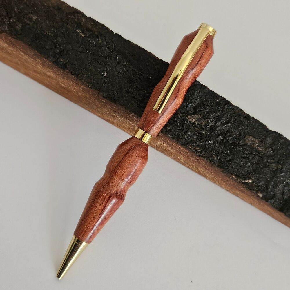 Bubinga Wood Pen Gold Trim Twist Ballpoint with Black Ink Refill Handcrafted